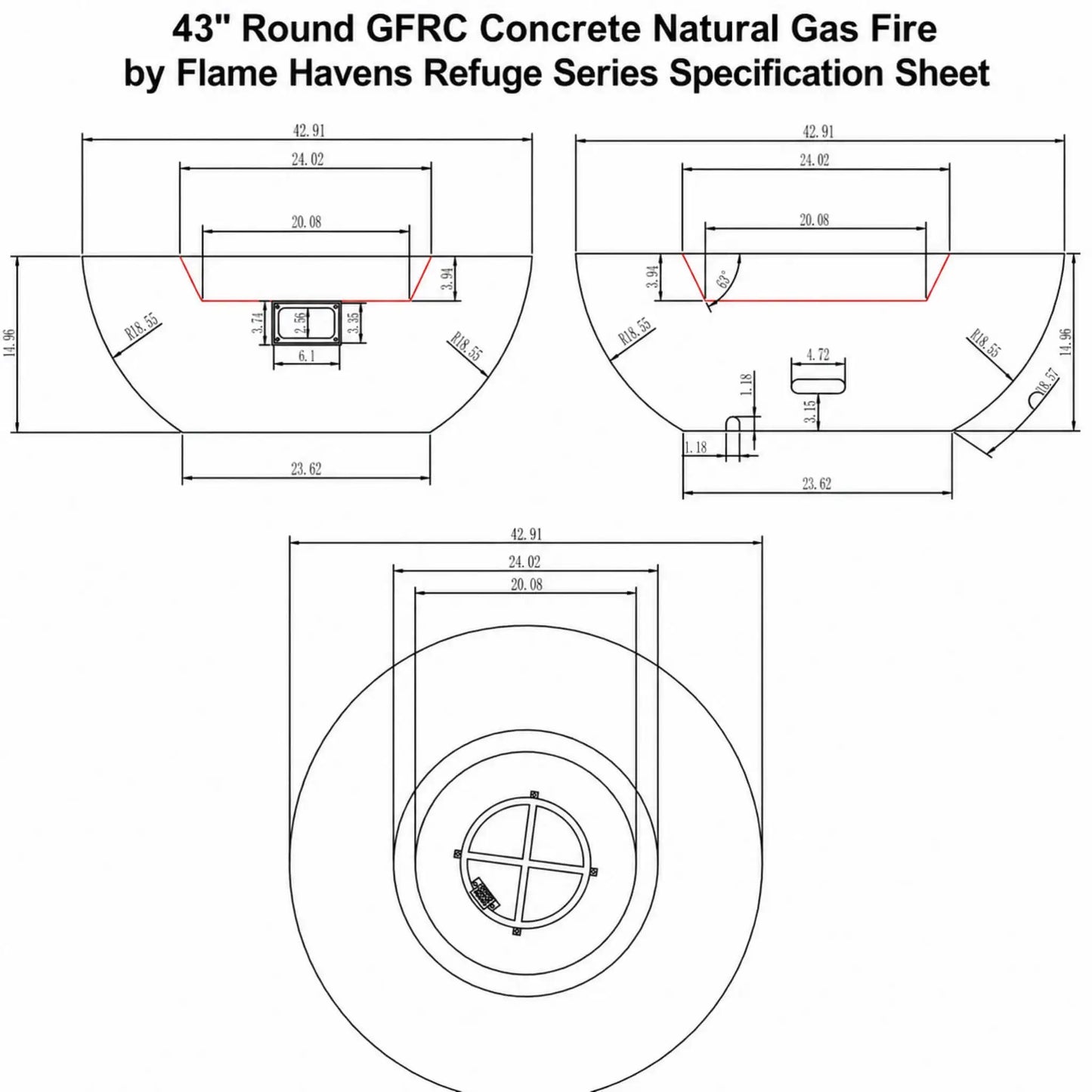 Technical specification sheet for the 43 Inch Round GFRC Concrete Natural Gas Fire Pit by Flame Havens Refuge Series showing detailed engineering drawings, dimensional measurements, side elevation views, top-down burner layout, and installation dimensions. The diagram illustrates the round concrete fire pit structure, recessed burner opening, and overall product sizing for planning outdoor installations.