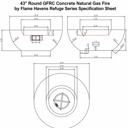 Technical specification sheet for the 43 Inch Round GFRC Concrete Natural Gas Fire Pit by Flame Havens Refuge Series showing detailed engineering drawings, dimensional measurements, side elevation views, top-down burner layout, and installation dimensions. The diagram illustrates the round concrete fire pit structure, recessed burner opening, and overall product sizing for planning outdoor installations.