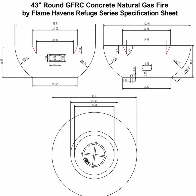 Technical specification sheet for the 43 Inch Round GFRC Concrete Natural Gas Fire Pit by Flame Havens Refuge Series showing detailed engineering drawings, dimensional measurements, side elevation views, top-down burner layout, and installation dimensions. The diagram illustrates the round concrete fire pit structure, recessed burner opening, and overall product sizing for planning outdoor installations.