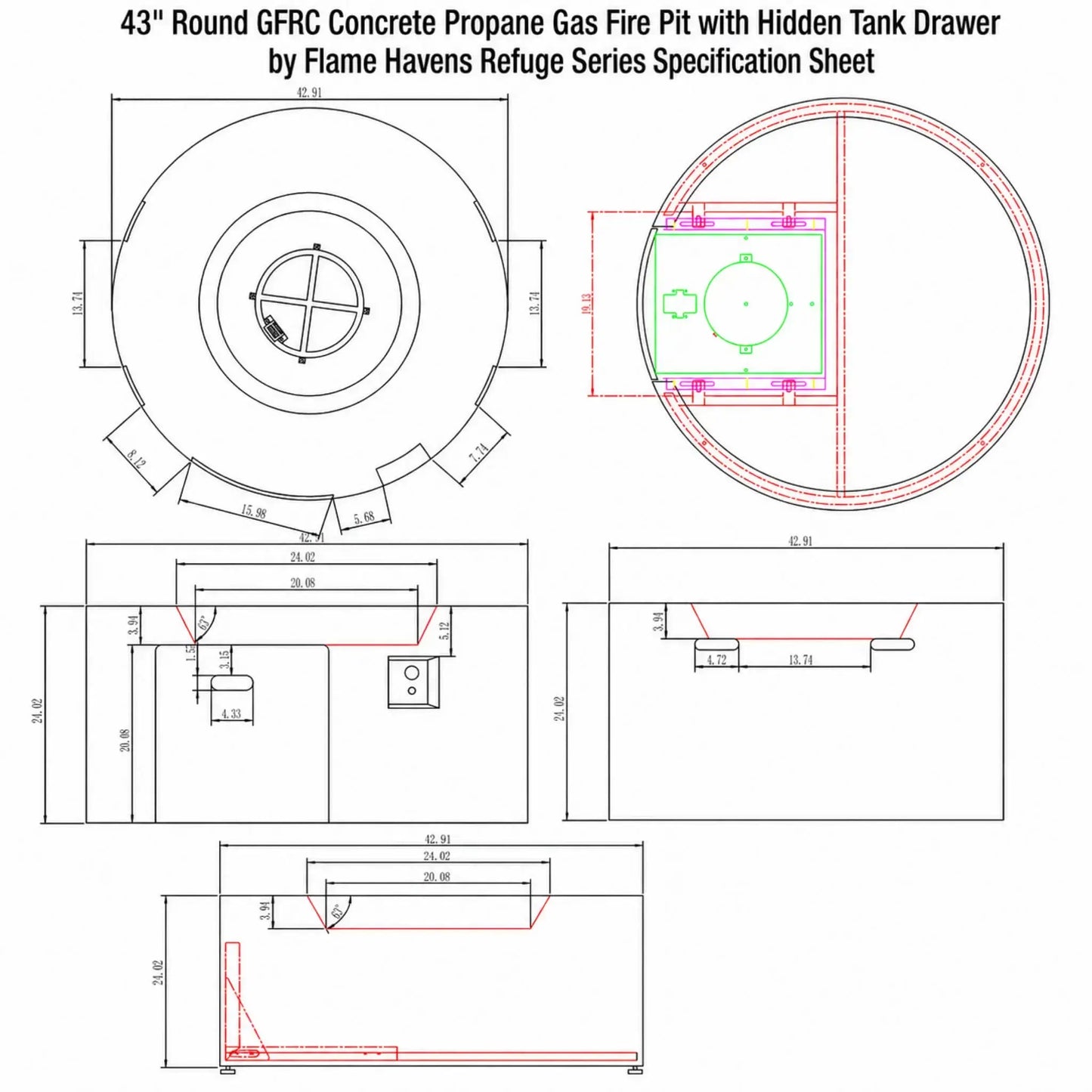 Technical specification sheet for the 43-inch round GFRC concrete propane gas fire pit with hidden tank drawer from the Flame Havens Refuge Series. Engineering drawings include top, side, and sectional views with detailed dimensions, burner layout, recessed top measurements, hidden propane drawer configuration, and installation specifications for the modern round outdoor fire pit.