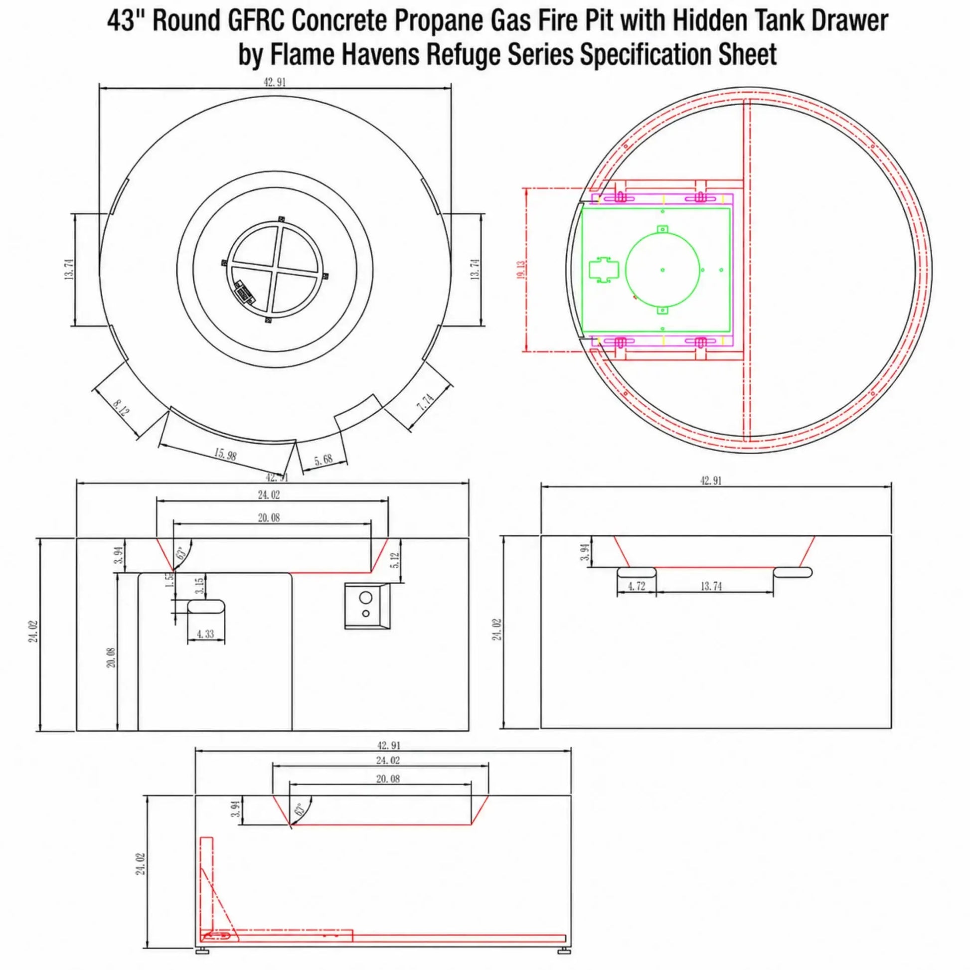 Technical specification sheet for the 43-inch round GFRC concrete propane gas fire pit with hidden tank drawer from the Flame Havens Refuge Series. Engineering drawings include top, side, and sectional views with detailed dimensions, burner layout, recessed top measurements, hidden propane drawer configuration, and installation specifications for the modern round outdoor fire pit.