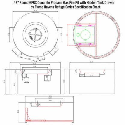 Technical specification sheet for the 43-inch round GFRC concrete propane gas fire pit with hidden tank drawer from the Flame Havens Refuge Series. Engineering drawings include top, side, and sectional views with detailed dimensions, burner layout, recessed top measurements, hidden propane drawer configuration, and installation specifications for the modern round outdoor fire pit.