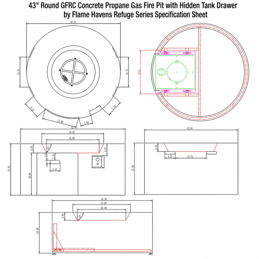 Technical specification sheet for the 43-inch round GFRC concrete propane gas fire pit with hidden tank drawer from the Flame Havens Refuge Series. Engineering drawings include top, side, and sectional views with detailed dimensions, burner layout, recessed top measurements, hidden propane drawer configuration, and installation specifications for the modern round outdoor fire pit.