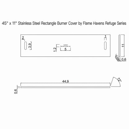 Technical specification sheet for the 45 x 11 Inch Rectangle GFRC Concrete Fire Pit Stainless Steel Burner Cover by Flame Havens Refuge Series, displaying dimensional measurements, burner cover profile details, stainless steel thickness, slotted handle placement, and overall rectangular design intended for linear outdoor fire pit installations.