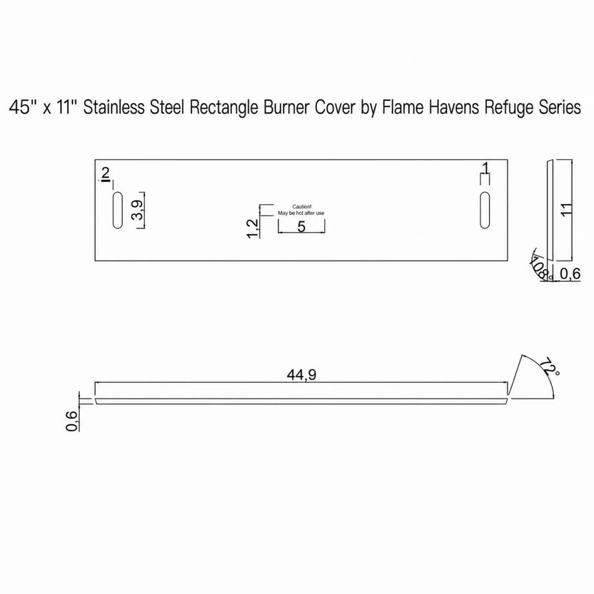 Technical specification sheet for the 45 x 11 Inch Rectangle GFRC Concrete Fire Pit Stainless Steel Burner Cover by Flame Havens Refuge Series, displaying dimensional measurements, burner cover profile details, stainless steel thickness, slotted handle placement, and overall rectangular design intended for linear outdoor fire pit installations.