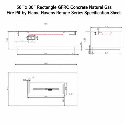 Technical specification sheet for the 56 x 30 inch Rectangle GFRC Concrete Natural Gas Fire Pit by Flame Havens Refuge Series. The diagram includes detailed front, side, and top view measurements of the outdoor fire pit, burner dimensions, recessed tray sizing, and structural specifications for installation and planning purposes.