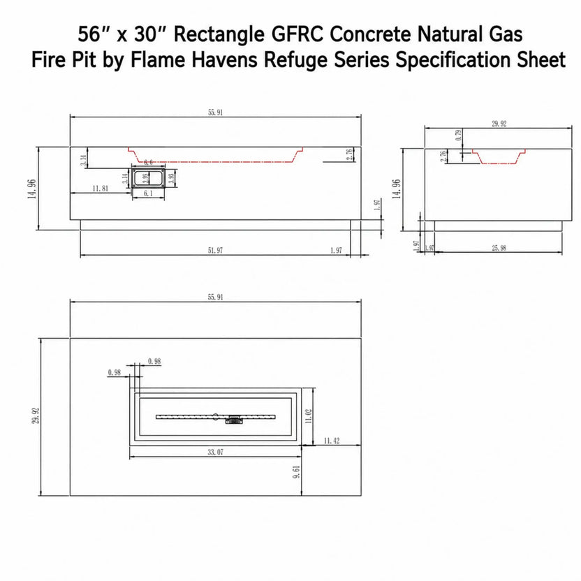 Technical specification sheet for the 56 x 30 inch Rectangle GFRC Concrete Natural Gas Fire Pit by Flame Havens Refuge Series. The diagram includes detailed front, side, and top view measurements of the outdoor fire pit, burner dimensions, recessed tray sizing, and structural specifications for installation and planning purposes.