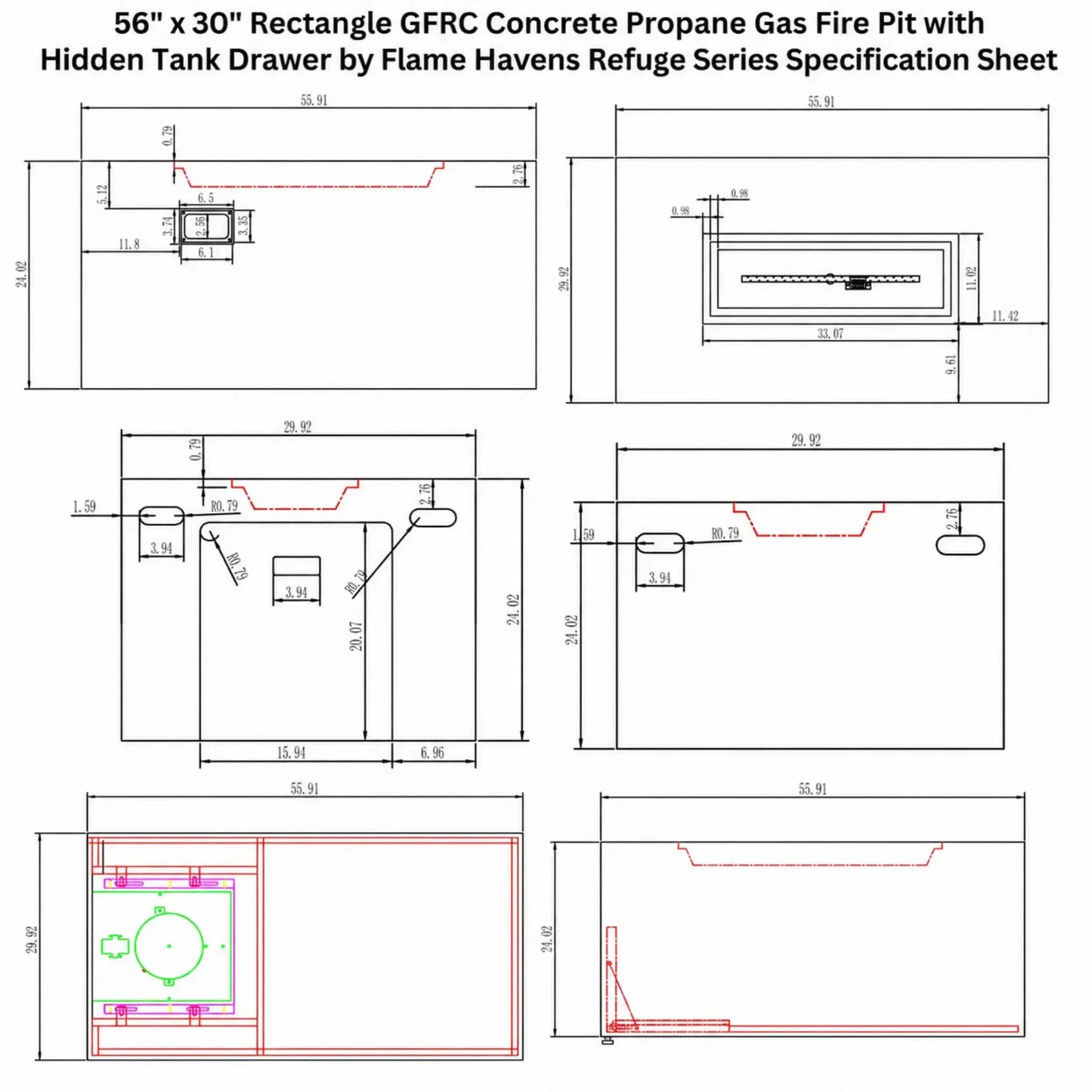 Technical specification sheet for the Flame Havens Refuge Series 56 x 30 inch Rectangle GFRC Concrete Propane Gas Fire Pit with hidden tank drawer. The engineering drawing includes multiple dimensioned views, burner cutout measurements, propane tank storage layout, side elevations, top-down schematics, and detailed construction dimensions for installation and planning purposes.