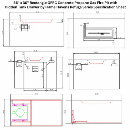 Technical specification sheet for the Flame Havens Refuge Series 56 x 30 inch Rectangle GFRC Concrete Propane Gas Fire Pit with hidden tank drawer. The engineering drawing includes multiple dimensioned views, burner cutout measurements, propane tank storage layout, side elevations, top-down schematics, and detailed construction dimensions for installation and planning purposes.