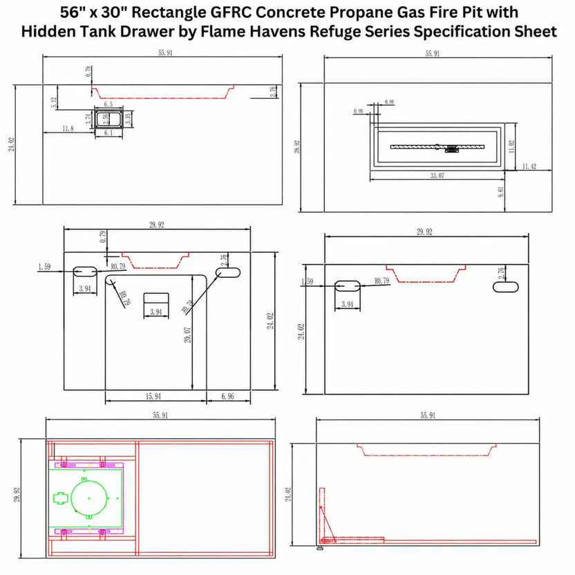 Technical specification sheet for the Flame Havens Refuge Series 56 x 30 inch Rectangle GFRC Concrete Propane Gas Fire Pit with hidden tank drawer. The engineering drawing includes multiple dimensioned views, burner cutout measurements, propane tank storage layout, side elevations, top-down schematics, and detailed construction dimensions for installation and planning purposes.