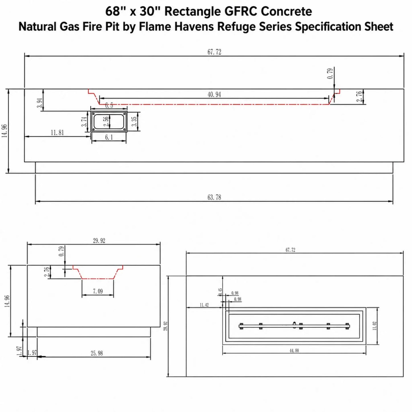Technical specification sheet for the Flame Havens Refuge Series 68 x 30 inch rectangular GFRC concrete natural gas fire pit. The engineering-style drawing includes detailed dimensions, burner cutout measurements, side elevations, top-down views, and installation sizing information for the outdoor NG fire table, helping contractors and homeowners plan accurate patio or landscape installations.