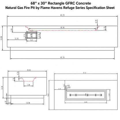 Technical specification sheet for the Flame Havens Refuge Series 68 x 30 inch rectangular GFRC concrete natural gas fire pit. The engineering-style drawing includes detailed dimensions, burner cutout measurements, side elevations, top-down views, and installation sizing information for the outdoor NG fire table, helping contractors and homeowners plan accurate patio or landscape installations.