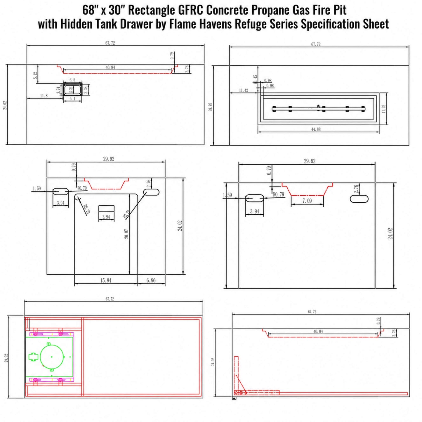 Technical specification sheet for the Flame Havens Refuge Series 68 x 30 inch rectangular GFRC concrete propane gas fire pit with hidden tank drawer. The engineering drawing includes dimensional measurements, burner tray sizing, propane storage layout, top and side elevations, and detailed construction diagrams for the outdoor LP fire pit table.