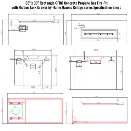 Technical specification sheet for the Flame Havens Refuge Series 68 x 30 inch rectangular GFRC concrete propane gas fire pit with hidden tank drawer. The engineering drawing includes dimensional measurements, burner tray sizing, propane storage layout, top and side elevations, and detailed construction diagrams for the outdoor LP fire pit table.