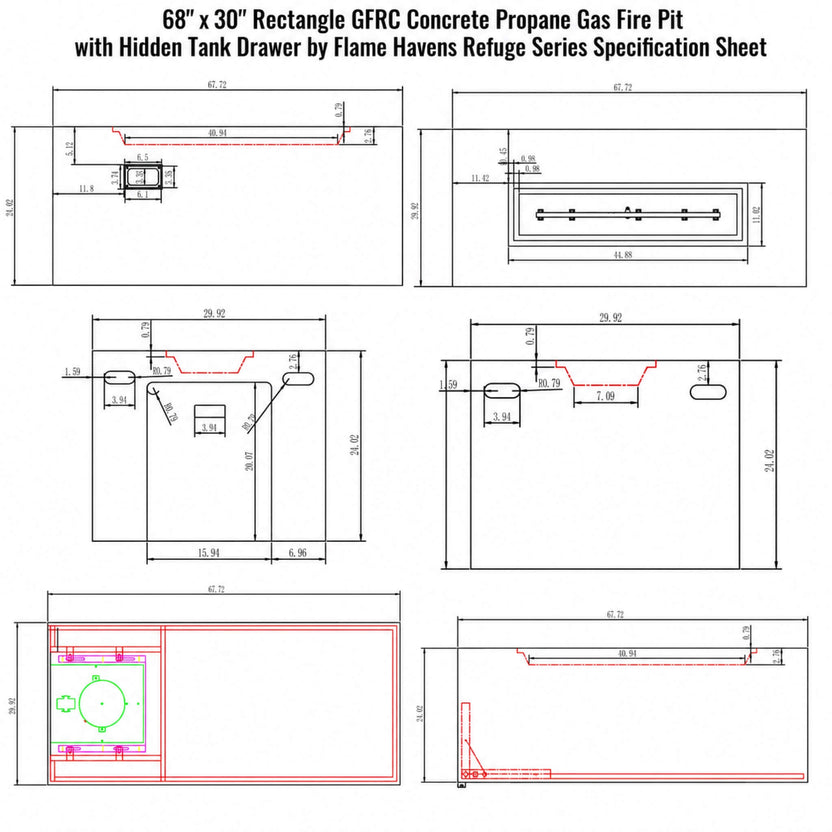 Technical specification sheet for the Flame Havens Refuge Series 68 x 30 inch rectangular GFRC concrete propane gas fire pit with hidden tank drawer. The engineering drawing includes dimensional measurements, burner tray sizing, propane storage layout, top and side elevations, and detailed construction diagrams for the outdoor LP fire pit table.