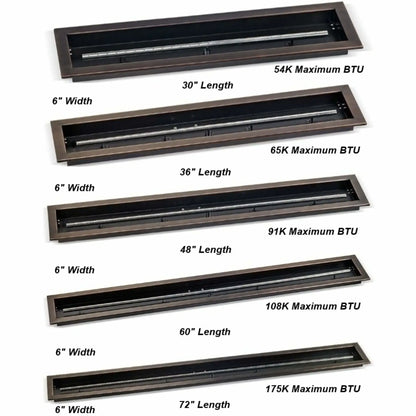 Oil rubbed bronze linear drop-in burner pans by American Fire Products displayed with labeled dimensions and maximum BTU ratings, showing available lengths from 30 to 72 inches with a consistent 6-inch width for outdoor gas fire pit installations.