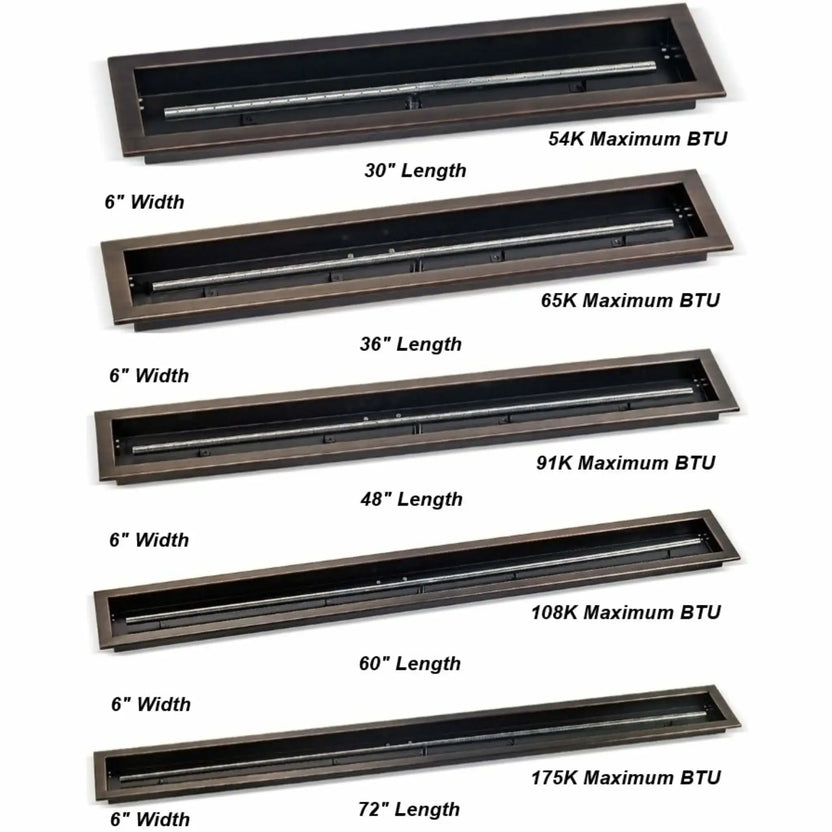 Oil rubbed bronze linear drop-in burner pans by American Fire Products displayed with labeled dimensions and maximum BTU ratings, showing available lengths from 30 to 72 inches with a consistent 6-inch width for outdoor gas fire pit installations.