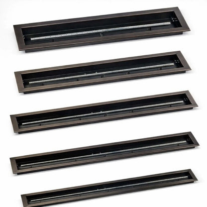 Linear drop-in gas burner pan by American Fire Products in an oil rubbed bronze finish, featuring a long rectangular fire pan with a centered stainless steel burner tube, shown in multiple size options for outdoor fire pits and custom fire features.