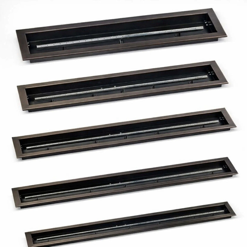 Linear drop-in gas burner pan by American Fire Products in an oil rubbed bronze finish, featuring a long rectangular fire pan with a centered stainless steel burner tube, shown in multiple size options for outdoor fire pits and custom fire features.