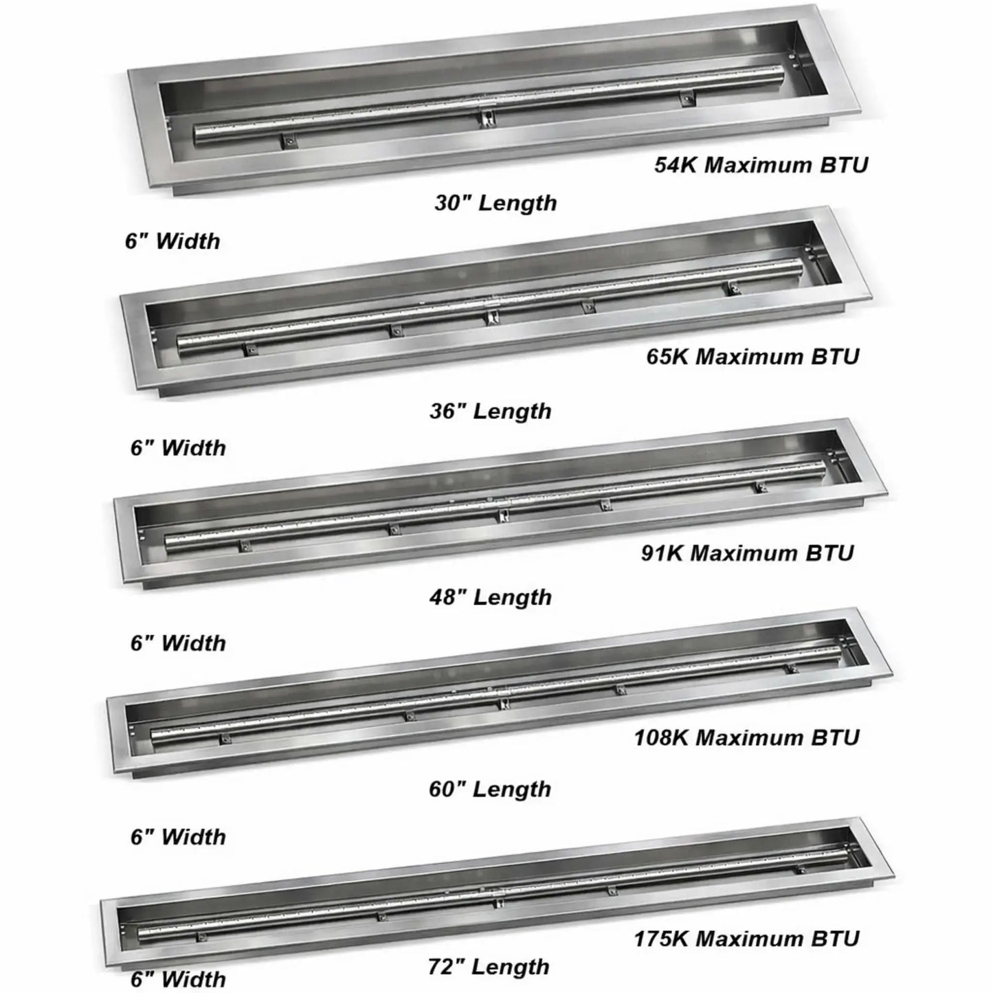 Stainless steel linear drop-in burner pans from American Fire Products with clearly labeled sizes and BTU outputs, displaying available lengths from 30 to 72 inches and a 6-inch width for high-performance outdoor gas fire features.