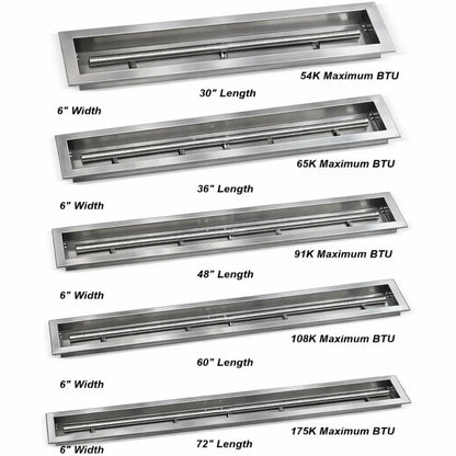 Stainless steel linear drop-in burner pans from American Fire Products with clearly labeled sizes and BTU outputs, displaying available lengths from 30 to 72 inches and a 6-inch width for high-performance outdoor gas fire features.