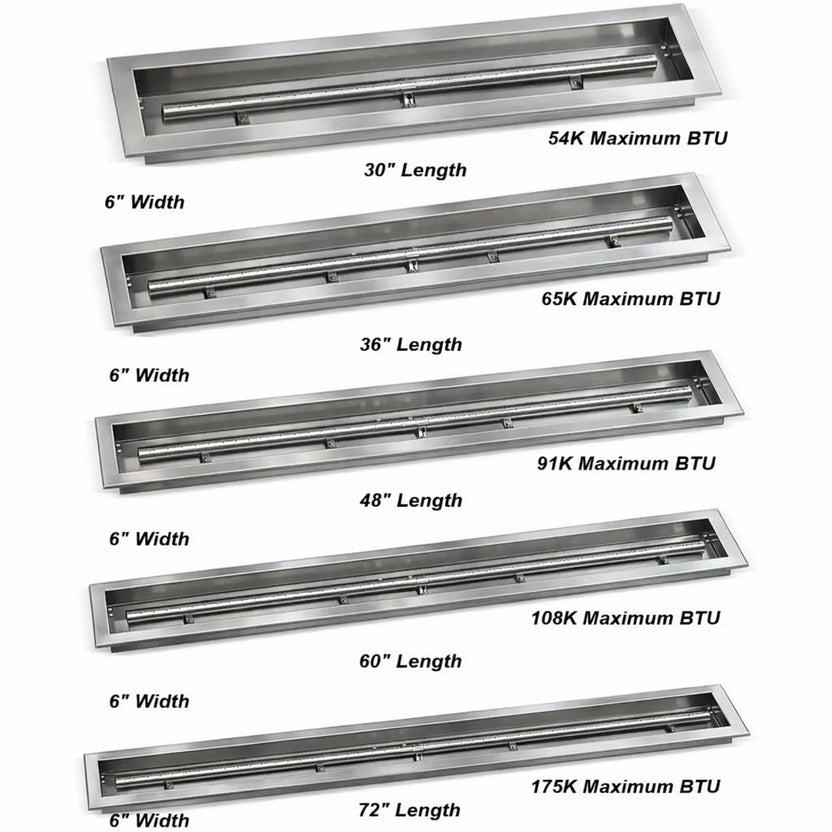 Stainless steel linear drop-in burner pans from American Fire Products with clearly labeled sizes and BTU outputs, displaying available lengths from 30 to 72 inches and a 6-inch width for high-performance outdoor gas fire features.