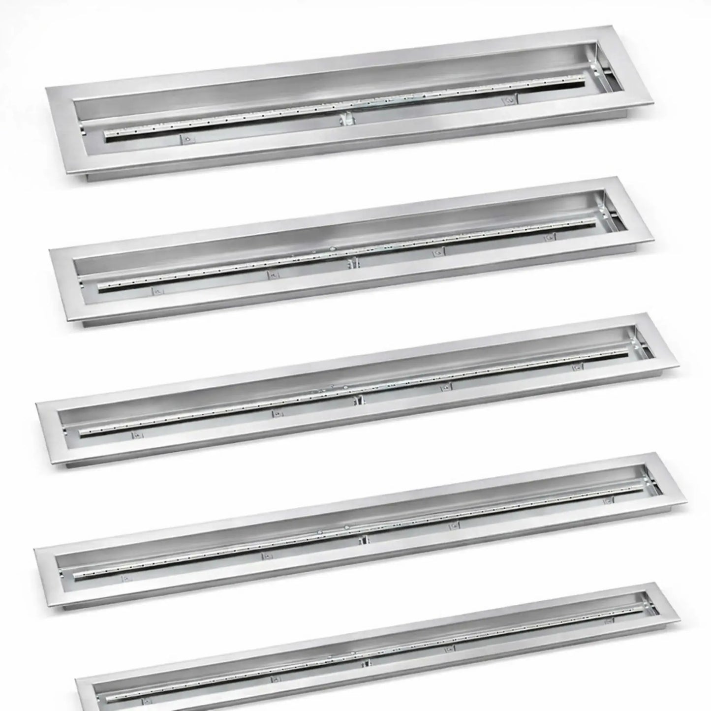 American Fire Products linear stainless steel drop-in burner pans shown in multiple lengths, featuring a brushed stainless finish, rectangular fire pan design, and integrated gas burner tube for modern outdoor fire pits and fire tables.