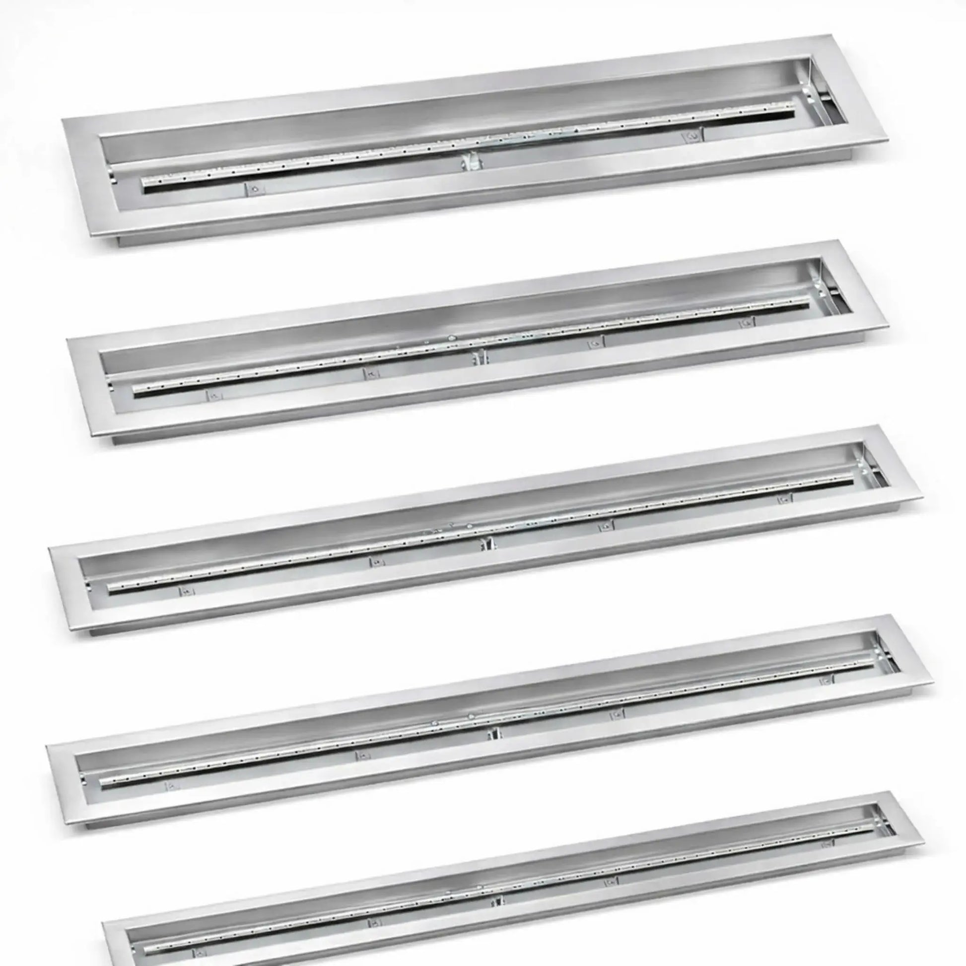 American Fire Products linear stainless steel drop-in burner pans shown in multiple lengths, featuring a brushed stainless finish, rectangular fire pan design, and integrated gas burner tube for modern outdoor fire pits and fire tables.