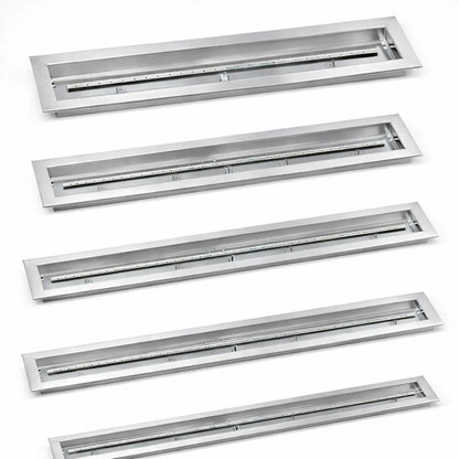 American Fire Products linear stainless steel drop-in burner pans shown in multiple lengths, featuring a brushed stainless finish, rectangular fire pan design, and integrated gas burner tube for modern outdoor fire pits and fire tables.
