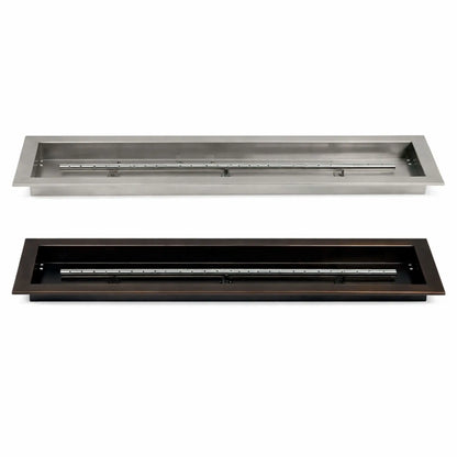 Side-by-side comparison of American Fire Products linear drop-in burner pans in stainless steel and oil rubbed bronze finishes, showcasing the rectangular pan construction and centered burner tube designed for custom outdoor fire pits.