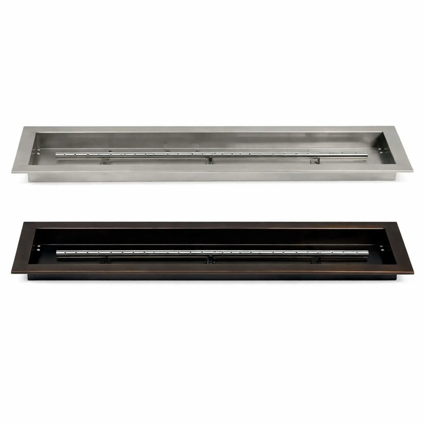 Side-by-side comparison of American Fire Products linear drop-in burner pans in stainless steel and oil rubbed bronze finishes, showcasing the rectangular pan construction and centered burner tube designed for custom outdoor fire pits.