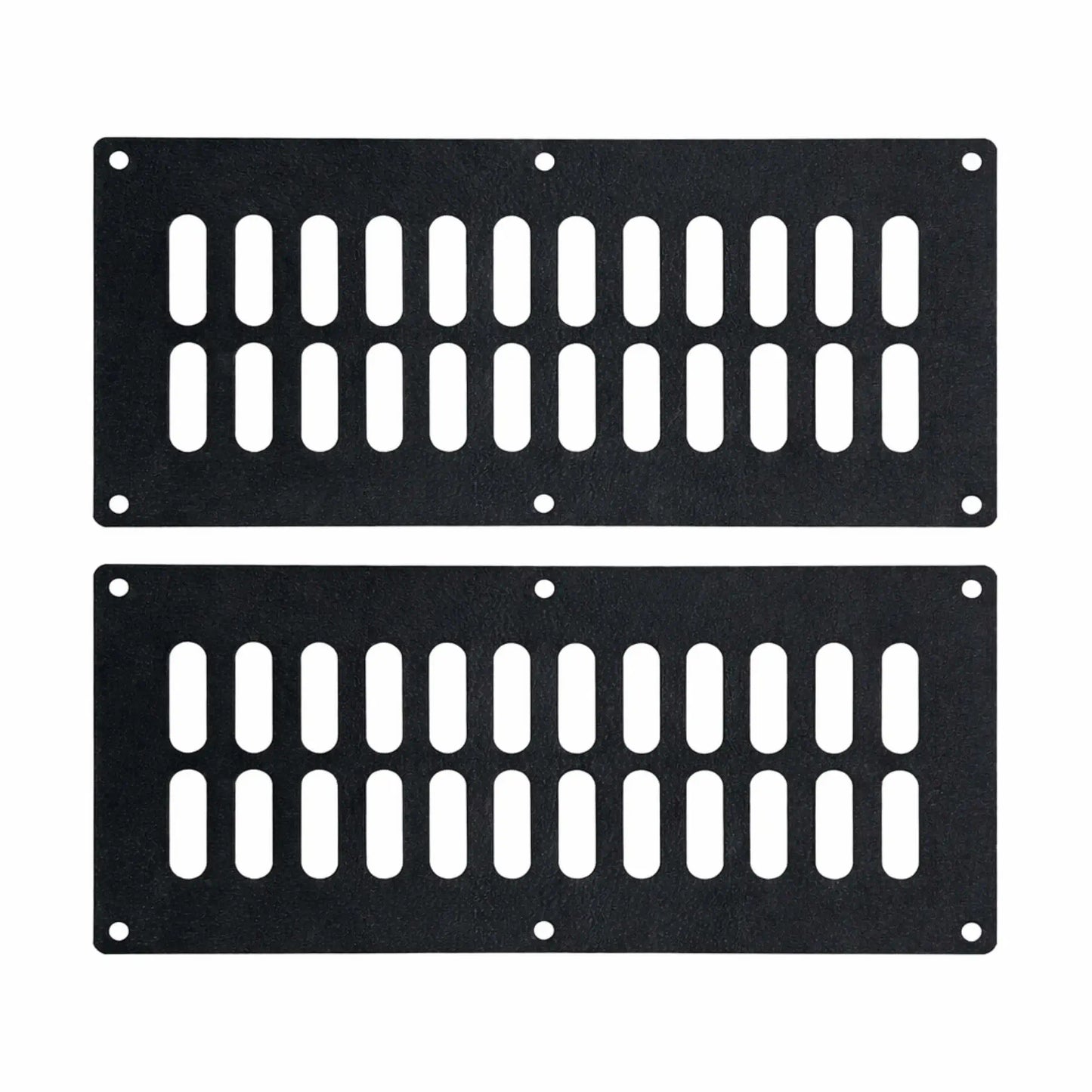 Set of two rectangular black steel fire pit vent panels featuring evenly spaced vertical slots and pre-drilled mounting holes, designed to improve airflow and ventilation in outdoor gas fire pit enclosures.