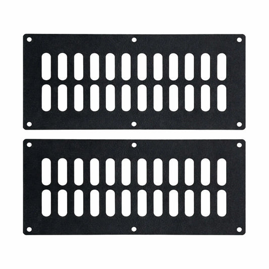 Set of two rectangular black steel fire pit vent panels featuring evenly spaced vertical slots and pre-drilled mounting holes, designed to improve airflow and ventilation in outdoor gas fire pit enclosures.