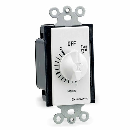 Intermatic 120-minute (2-hour) wall timer switch for electronic ignition controls, showing a white spring wound dial labeled in hourly increments, built for recessed wall mounting with a durable black housing and galvanized steel mounting bracket.
