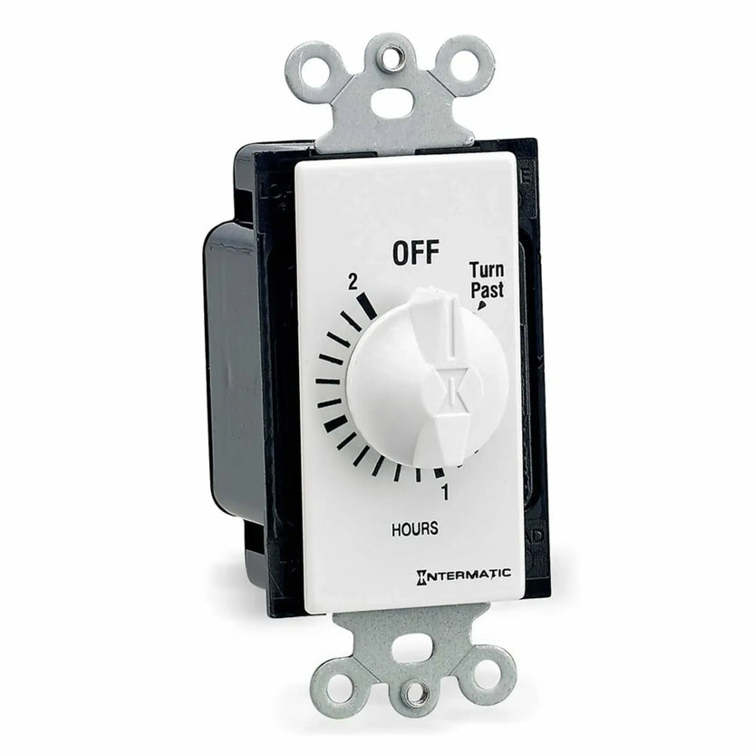 Intermatic 120-minute (2-hour) wall timer switch for electronic ignition controls, showing a white spring wound dial labeled in hourly increments, built for recessed wall mounting with a durable black housing and galvanized steel mounting bracket.