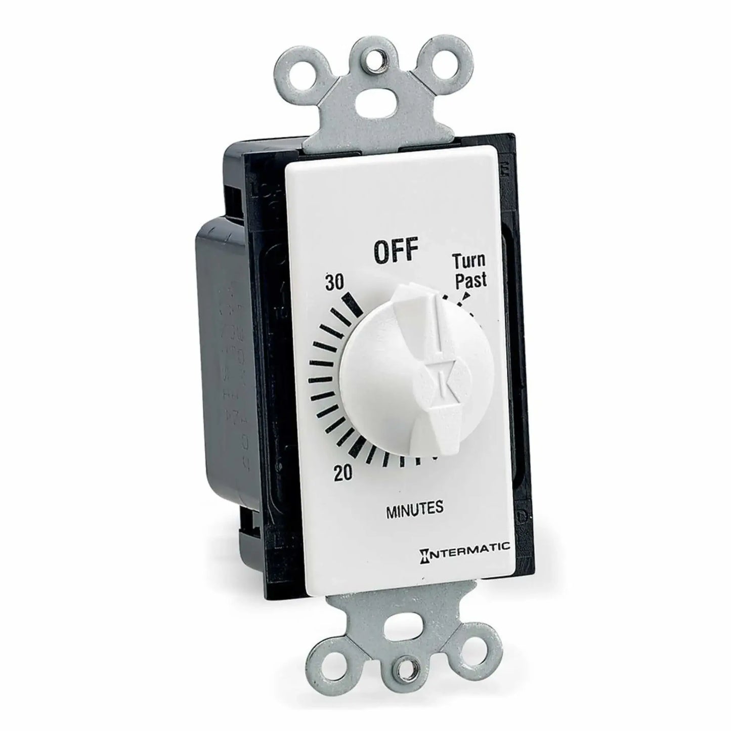 Intermatic 30-minute spring wound wall timer switch for electronic ignition control systems, featuring a white dial labeled “OFF” with minute markings up to 30, mounted on a standard metal electrical wall plate bracket against a clean white background.