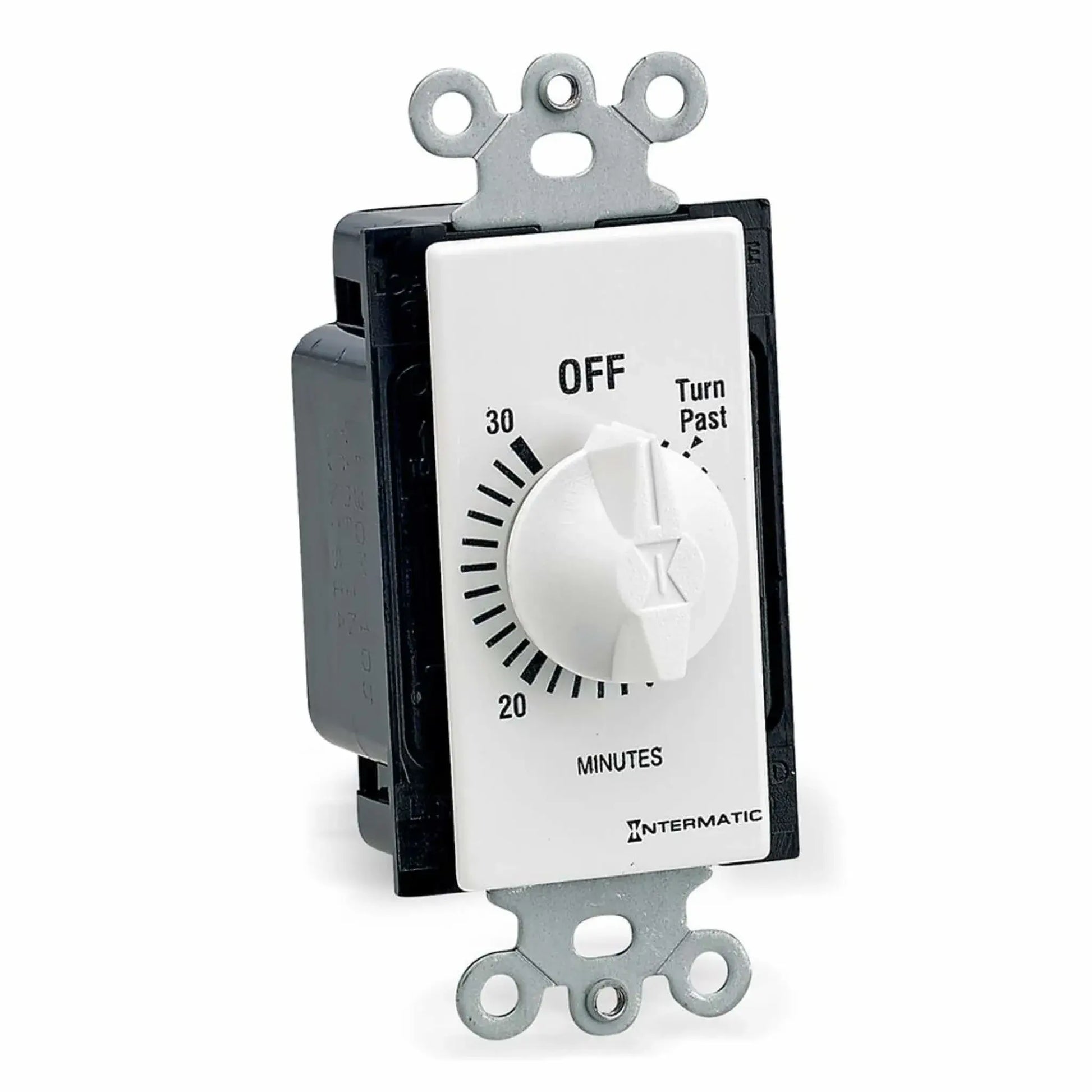 Intermatic 30-minute spring wound wall timer switch for electronic ignition control systems, featuring a white dial labeled “OFF” with minute markings up to 30, mounted on a standard metal electrical wall plate bracket against a clean white background.