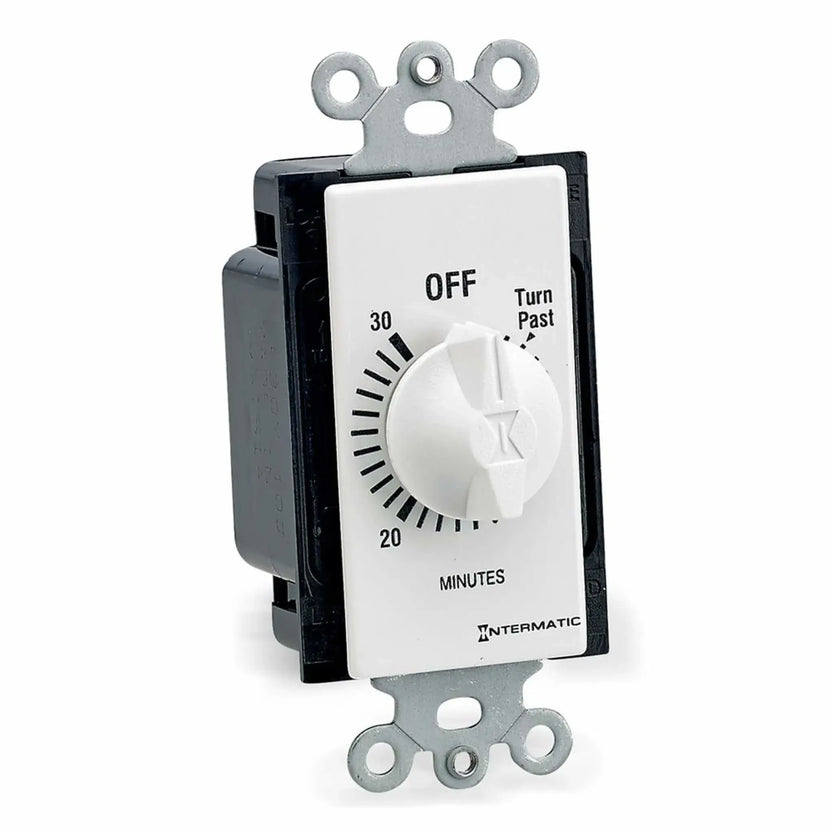 Intermatic 30-minute spring wound wall timer switch for electronic ignition control systems, featuring a white dial labeled “OFF” with minute markings up to 30, mounted on a standard metal electrical wall plate bracket against a clean white background.