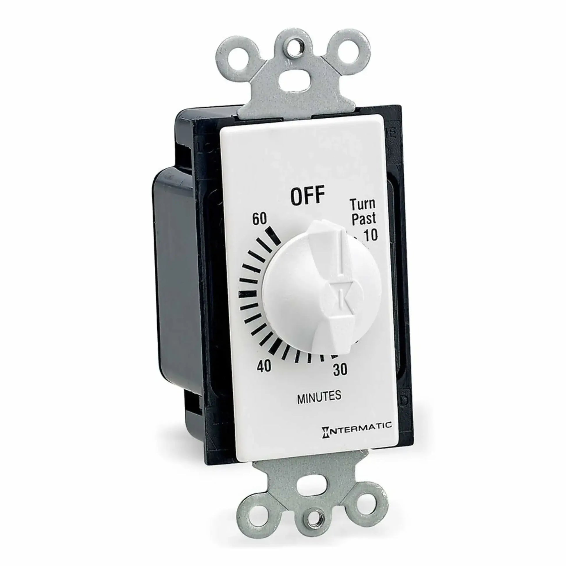 Intermatic 60-minute (1-hour) mechanical wall timer switch designed for fire pit electronic ignition systems, with a white rotary knob, clearly marked minute increments up to 60, and a heavy-duty mounting strap for standard in-wall installation.