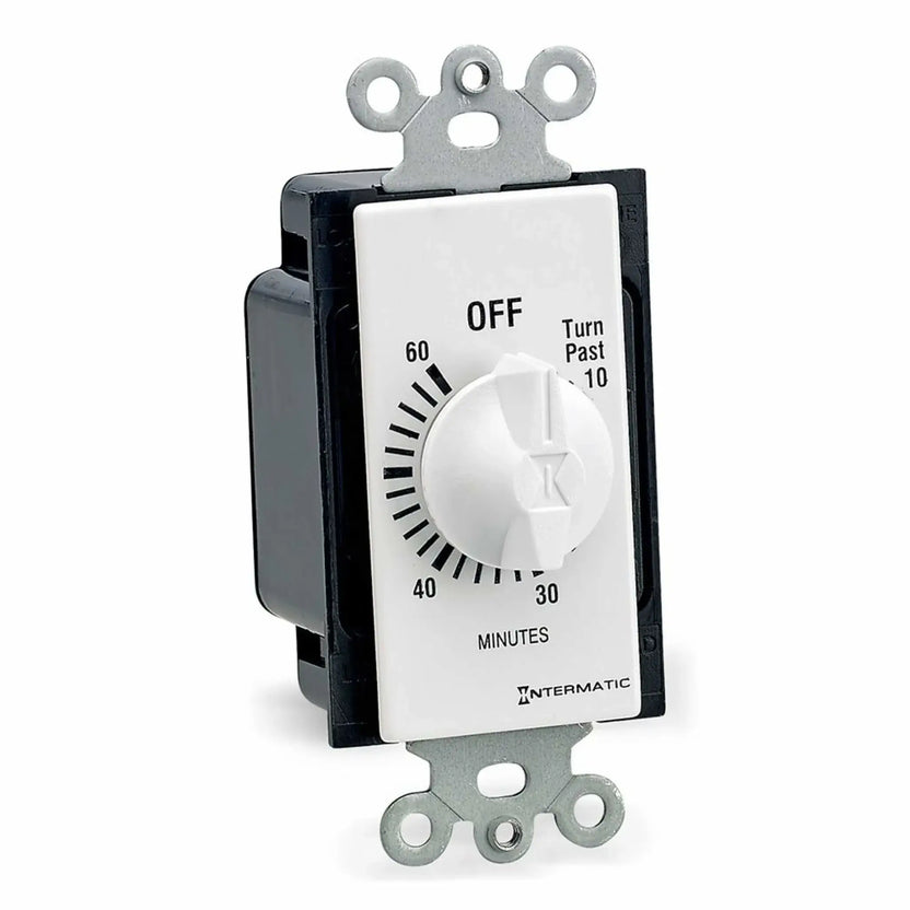 Intermatic 60-minute (1-hour) mechanical wall timer switch designed for fire pit electronic ignition systems, with a white rotary knob, clearly marked minute increments up to 60, and a heavy-duty mounting strap for standard in-wall installation.