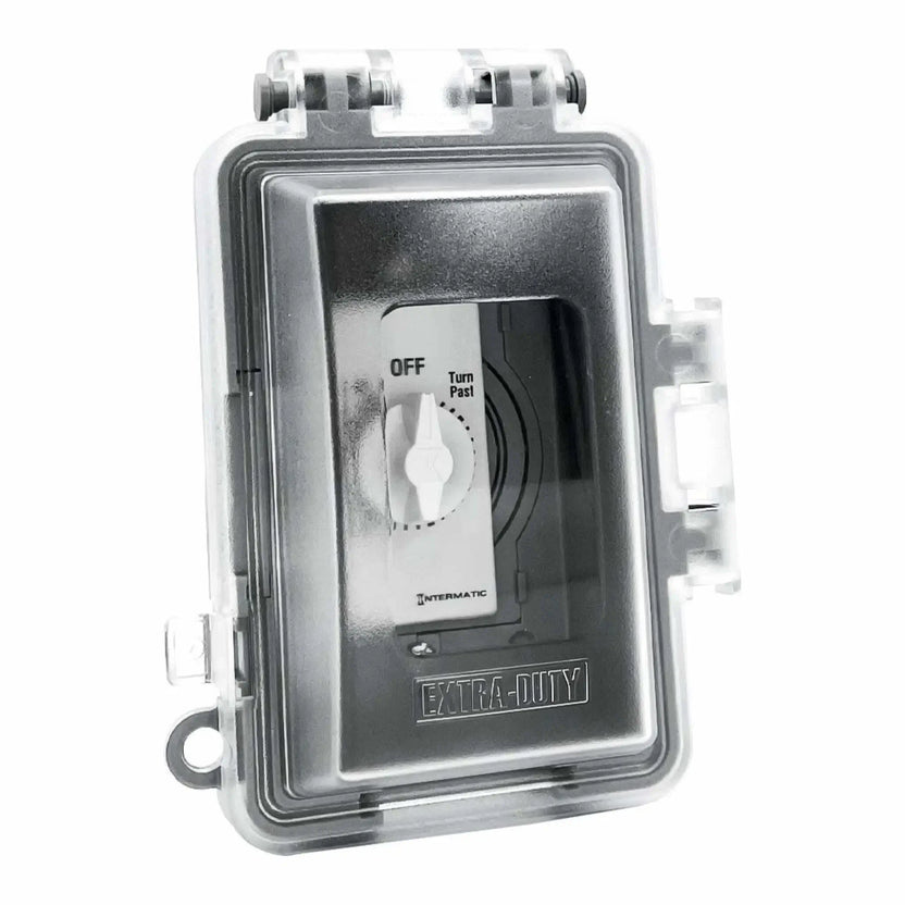 Heavy-duty weatherproof enclosure with transparent locking cover protecting a 2-hour (120-minute) Intermatic wall timer, ideal for outdoor fire feature electronic ignition systems requiring wet location protection.
