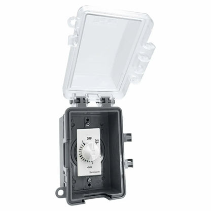 Open outdoor-rated electrical box showing a 120-minute Intermatic wall timer switch mounted inside, with clear hinged lid and deep gray extra-duty housing for safe wet location installation.