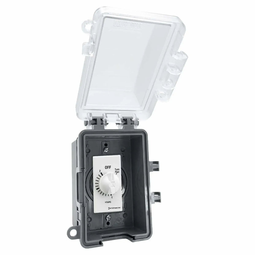Open outdoor-rated electrical box showing a 120-minute Intermatic wall timer switch mounted inside, with clear hinged lid and deep gray extra-duty housing for safe wet location installation.
