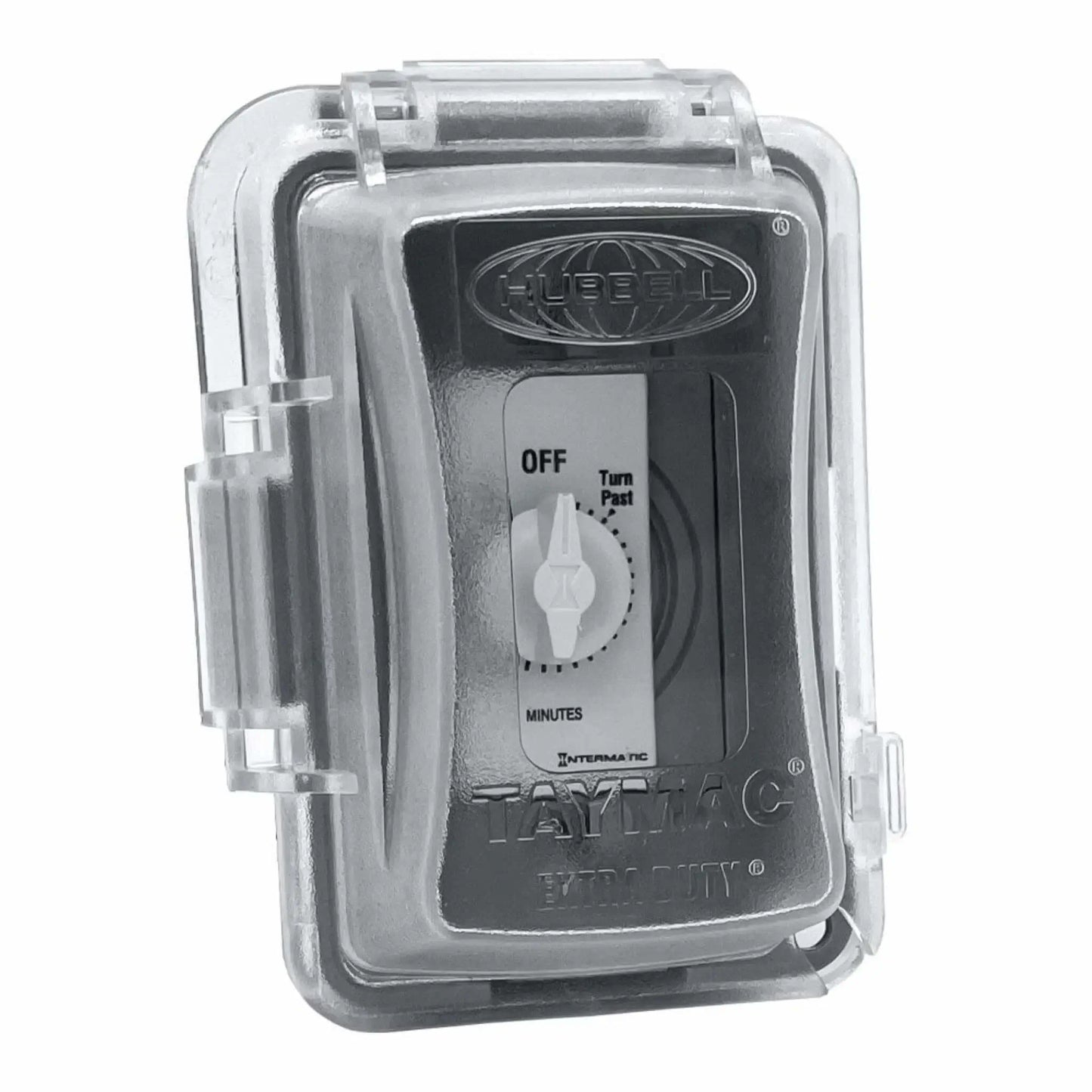 Weatherproof outdoor enclosure with clear hinged cover protecting a 30-minute Intermatic wall timer switch, featuring a rugged gray extra-duty housing designed for wet location installation and outdoor fire pit ignition systems.
