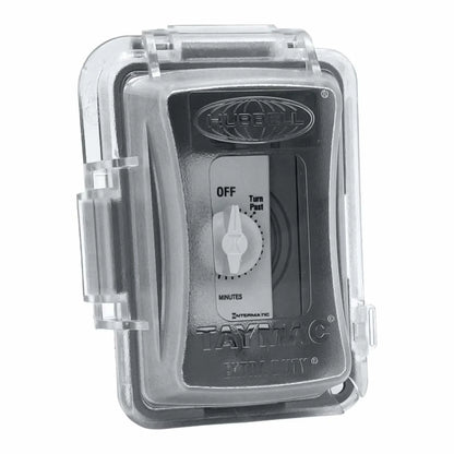 Weatherproof outdoor enclosure with clear hinged cover protecting a 30-minute Intermatic wall timer switch, featuring a rugged gray extra-duty housing designed for wet location installation and outdoor fire pit ignition systems.
