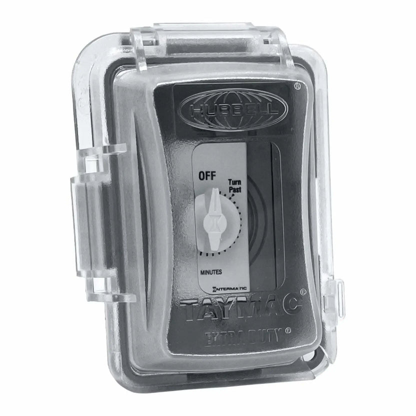 Weatherproof outdoor enclosure with clear hinged cover protecting a 30-minute Intermatic wall timer switch, featuring a rugged gray extra-duty housing designed for wet location installation and outdoor fire pit ignition systems.