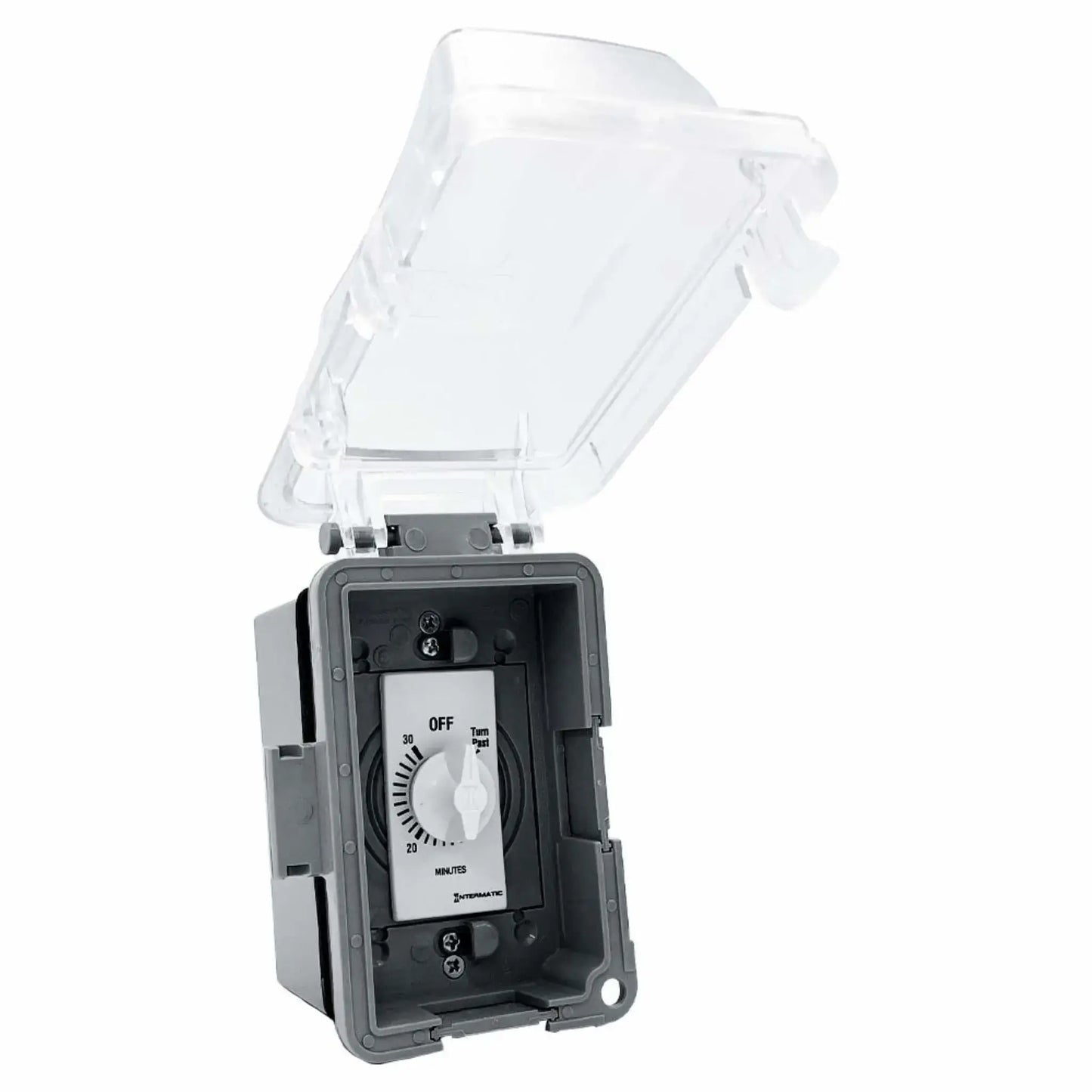 Open extra-duty weatherproof electrical box displaying a 30-minute Intermatic wall timer inside, with a transparent hinged lid and deep gray housing built for outdoor electronic ignition control installations in wet environments.