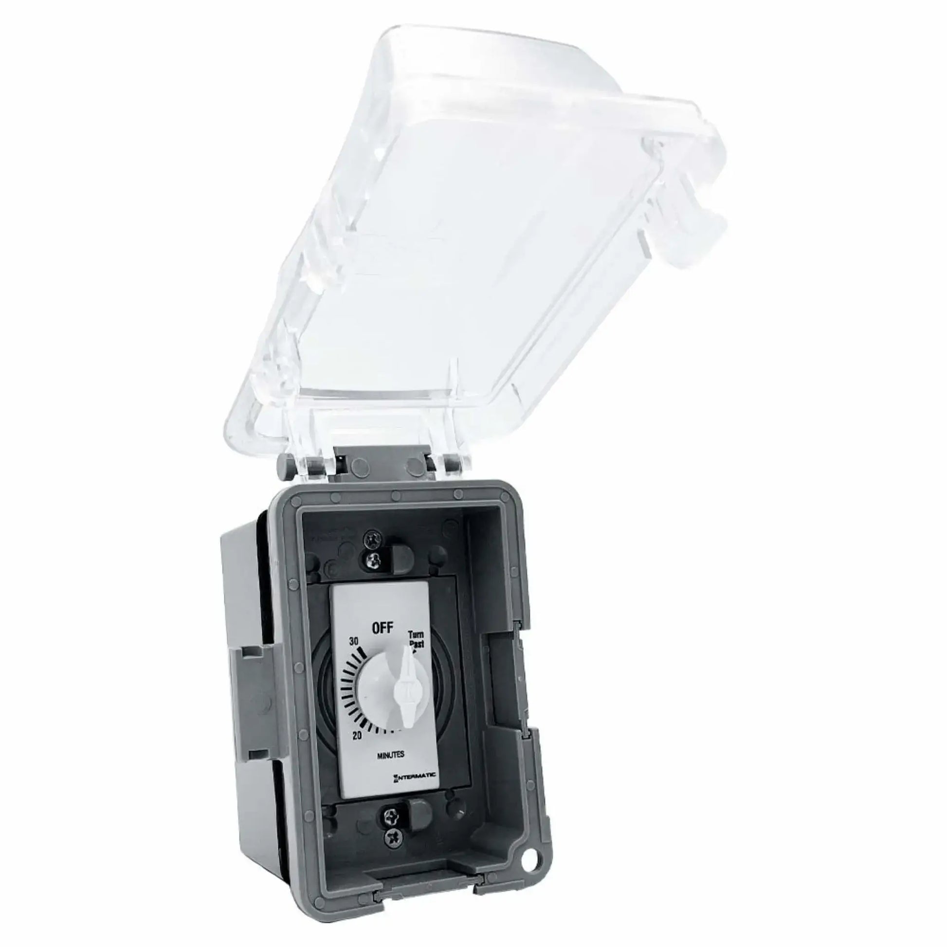 Open extra-duty weatherproof electrical box displaying a 30-minute Intermatic wall timer inside, with a transparent hinged lid and deep gray housing built for outdoor electronic ignition control installations in wet environments.