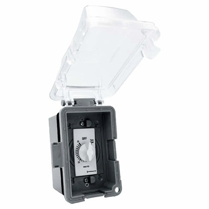 Open extra-duty weatherproof electrical box displaying a 30-minute Intermatic wall timer inside, with a transparent hinged lid and deep gray housing built for outdoor electronic ignition control installations in wet environments.