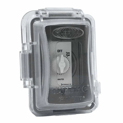 Closed weatherproof electrical enclosure with clear protective cover housing a 60-minute Intermatic wall timer switch, designed for outdoor fire pit and fireplace ignition control applications in wet locations.